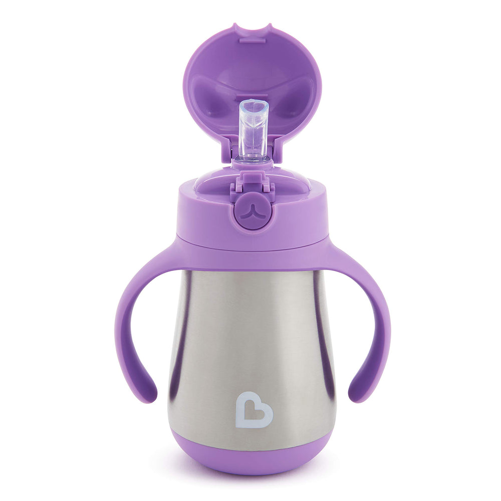 Munchkin spill-proof straw and easy-grip handles reduce mess during meals