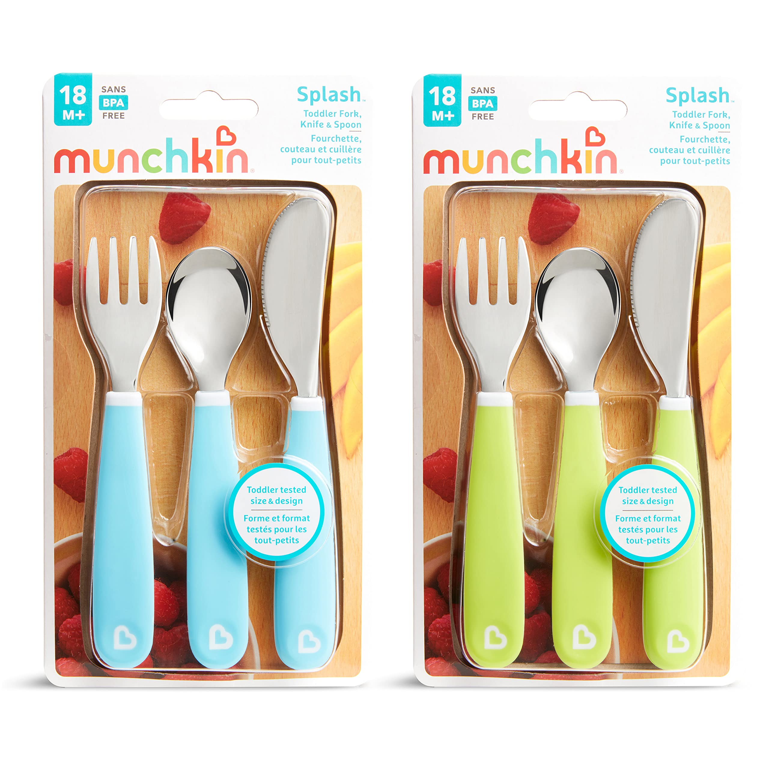 Munchkin Splash color-packed utensils in blue and green for independent eating.