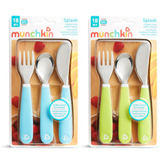 Munchkin Splash color-packed utensils in blue and green for independent eating.