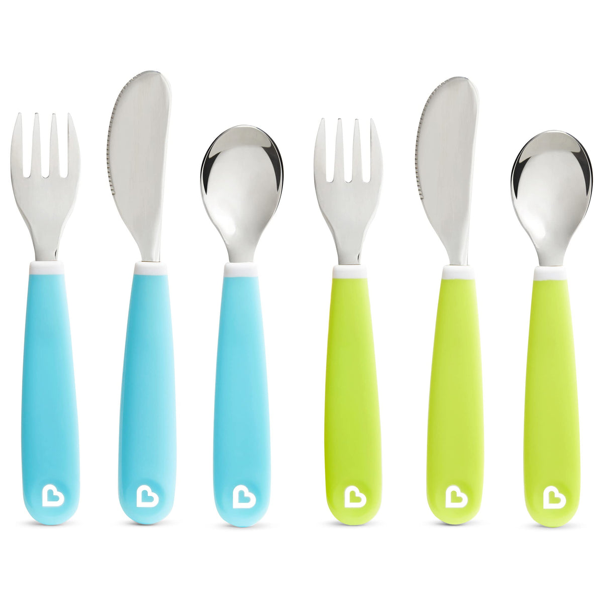 Munchkin Splash toddler utensils with colorful handles for easy self-feeding.