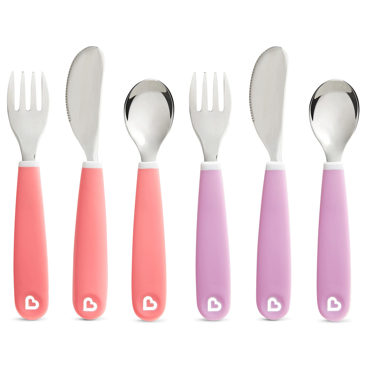 Munchkin Splash toddler utensils pink and purple collection for self-feeding.