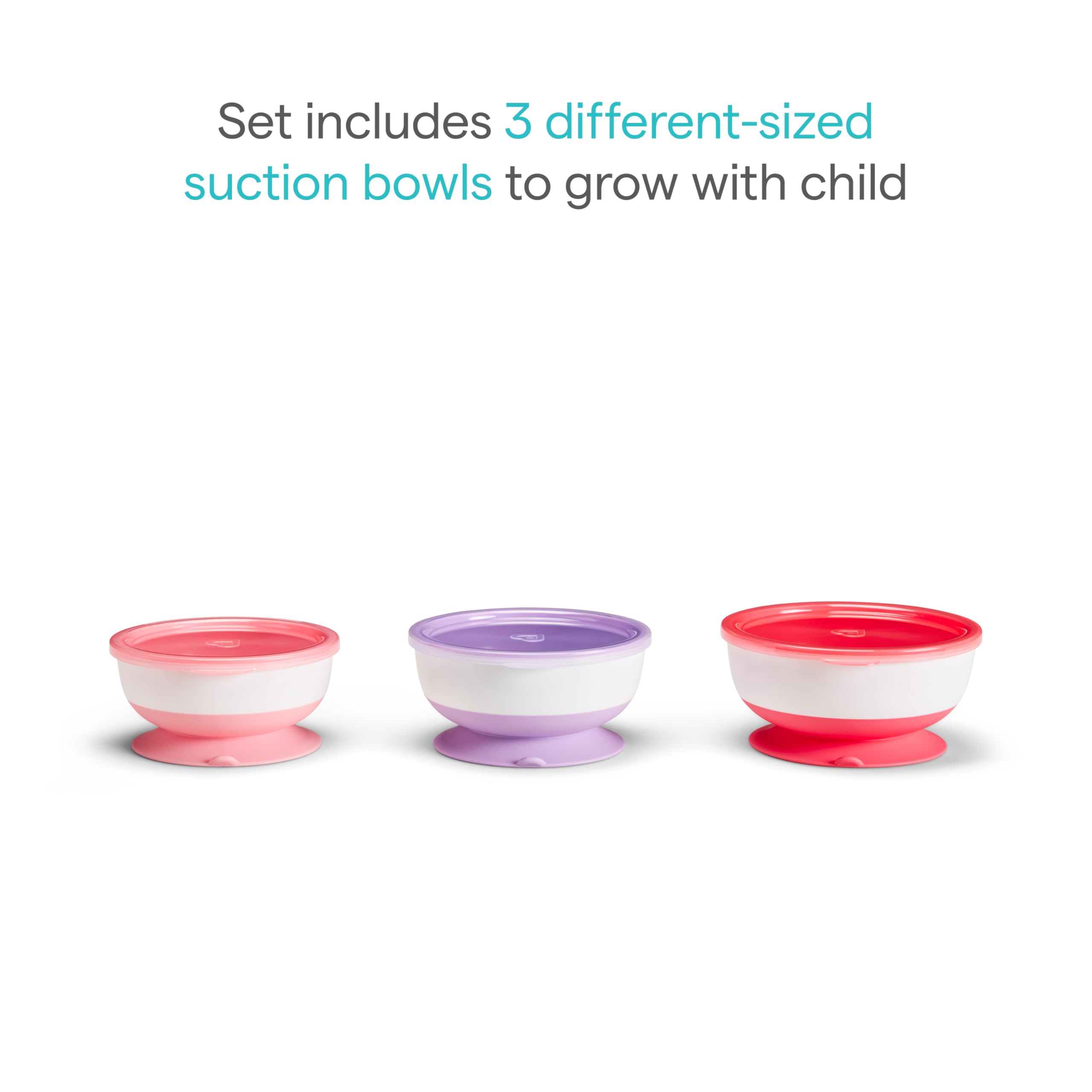 Three sizes of Munchkin Stay Put bowls growing with your child