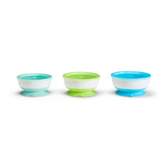Munchkin Stay Put suction bowls assembly on table reduce spills.
