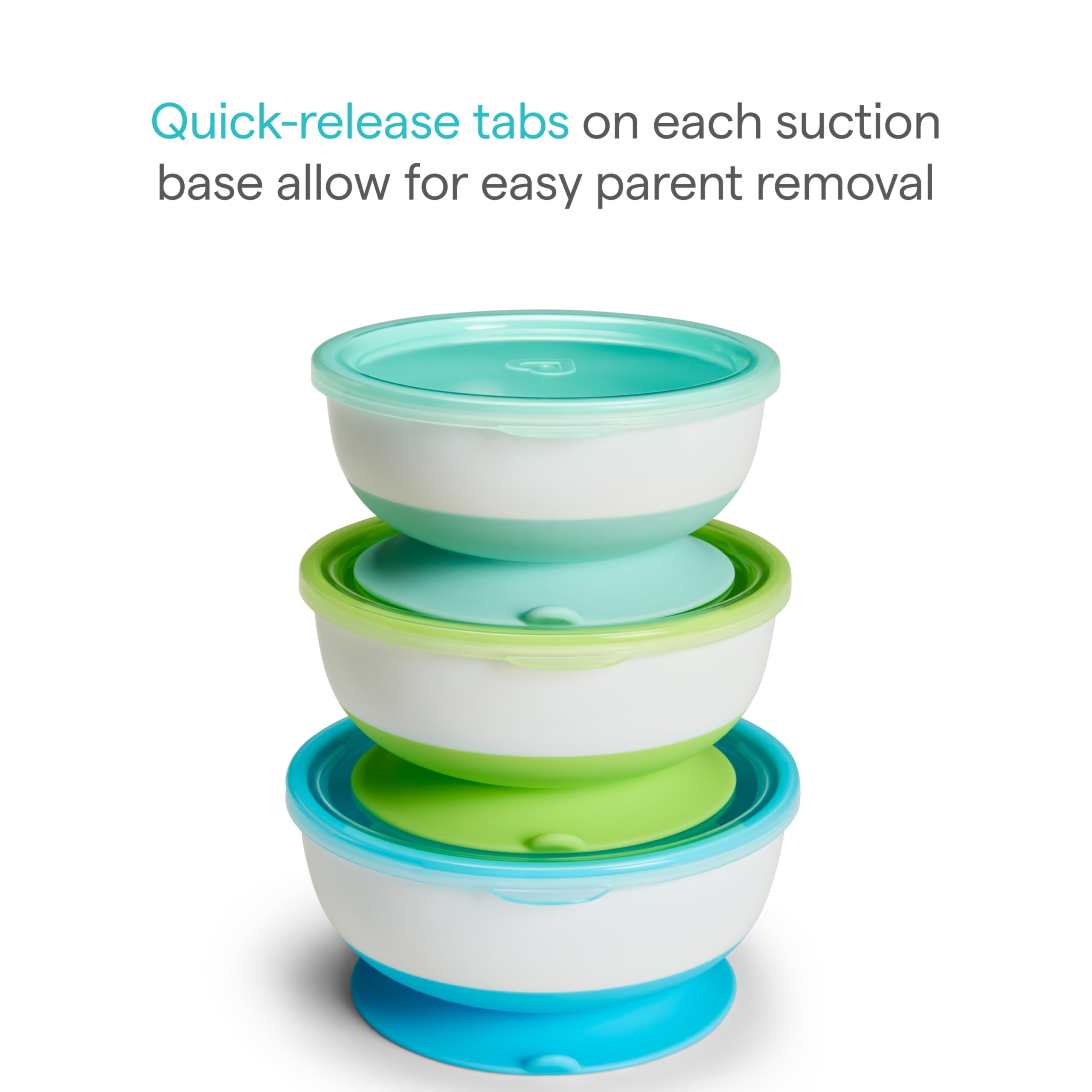 Munchkin Stay Put bowls with lids ready for storage and leftovers.