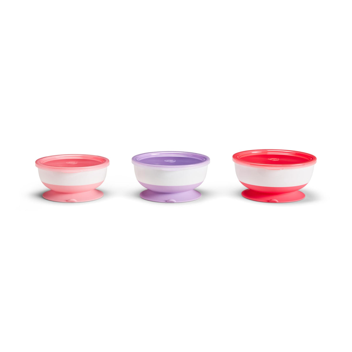 Munchkin Stay Put suction bowls in pink and purple stay in place for mess-free meals