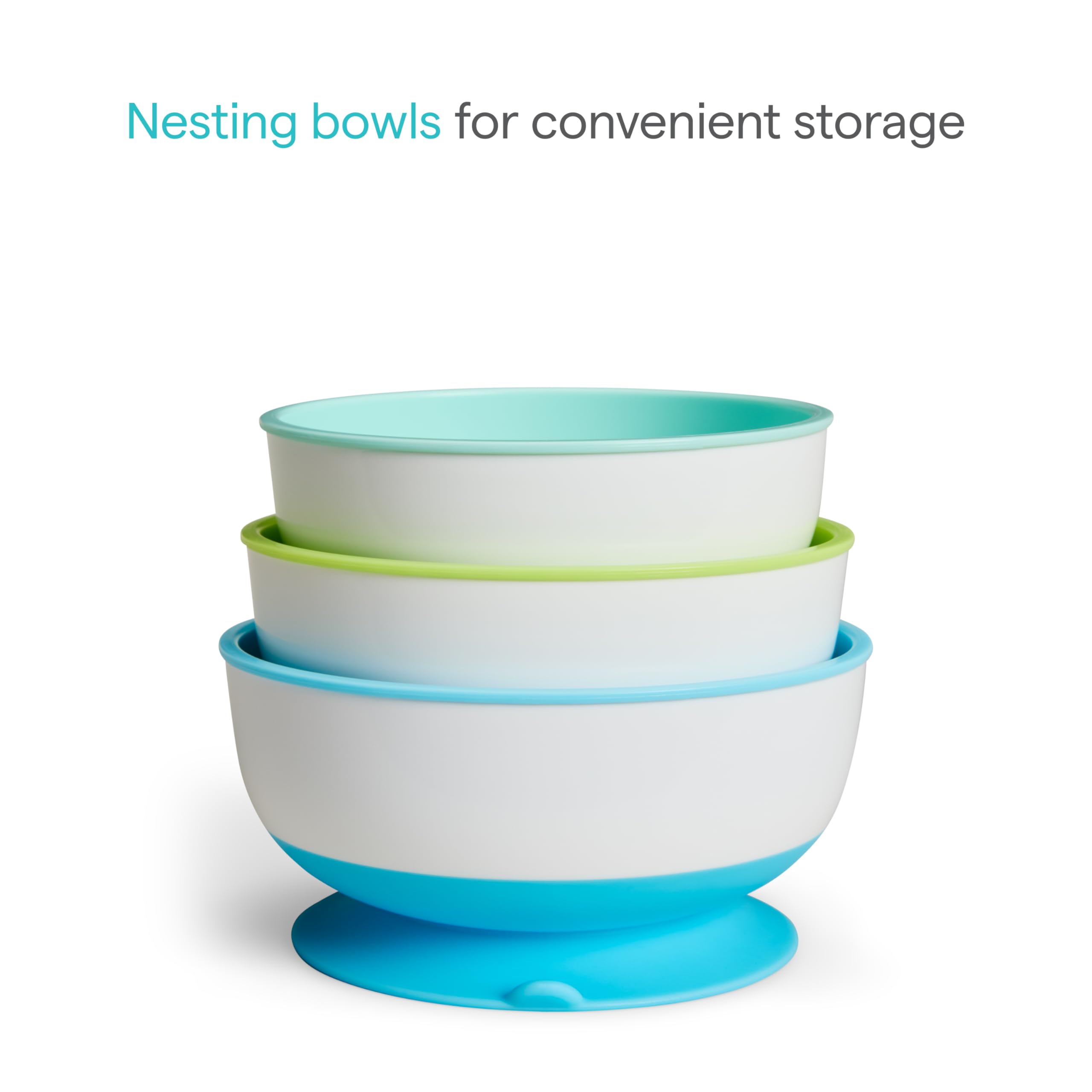 Munchkin Stay Put bowls in three sizes grow with your child.