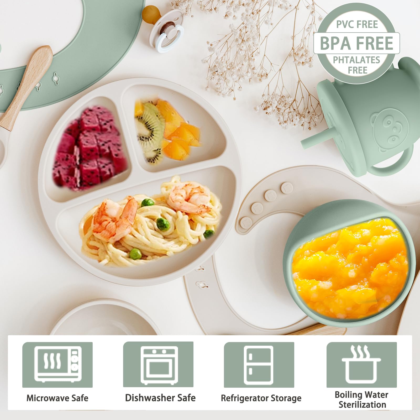 Munlinder adjustable bib with food catcher keeps clothing clean during feeding.
