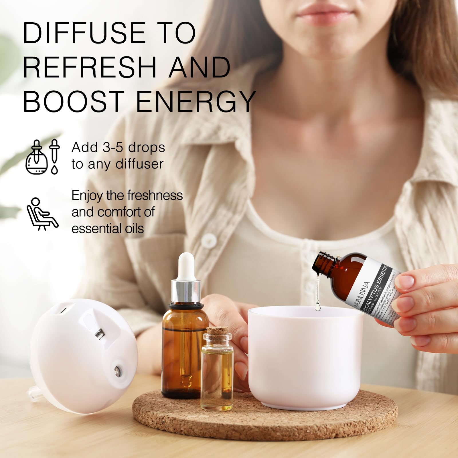MUNUSNA Eucalyptus oil for hair care adds a refreshing fragrance.
