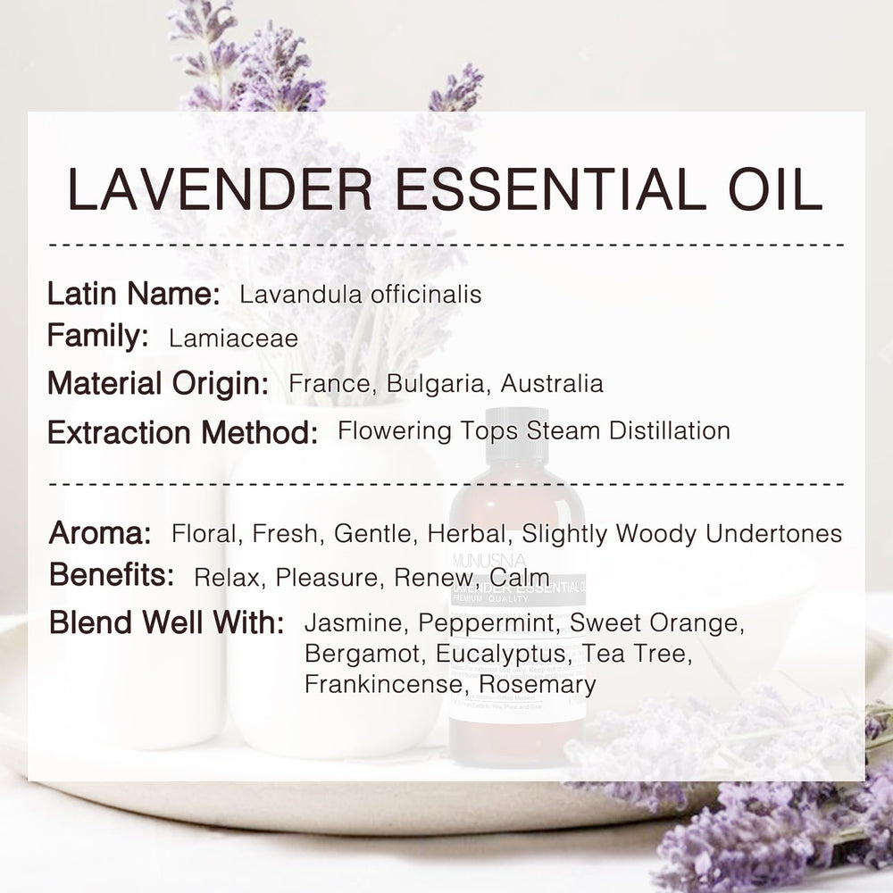 MUNUSNA Lavender Oil diffuser scene shows room aroma and relaxation potential.
