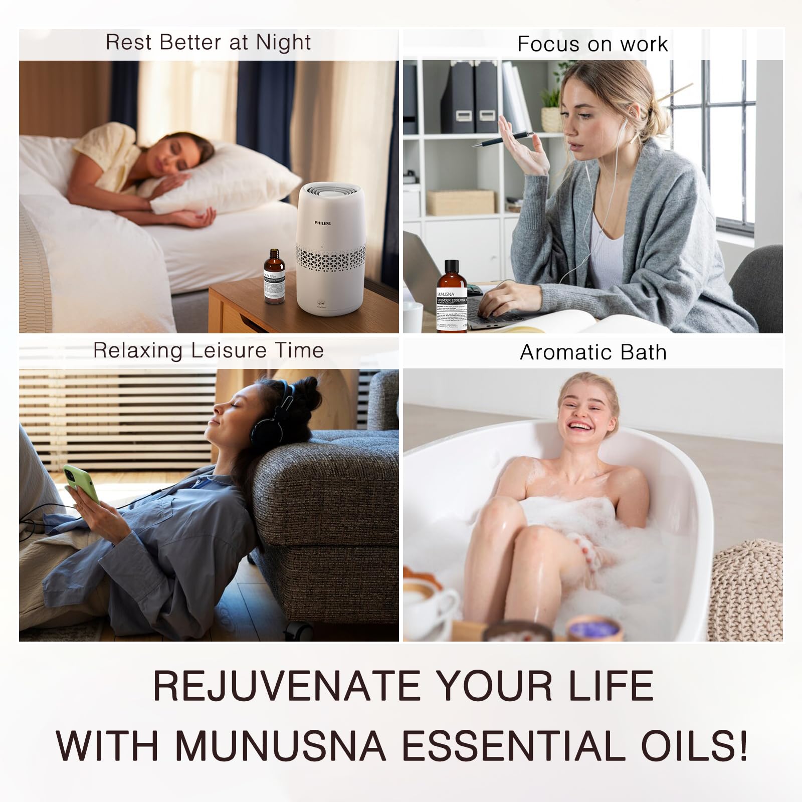 MUNUSNA Lavender Oil relaxing massage setup demonstrates soothing tension relief.
