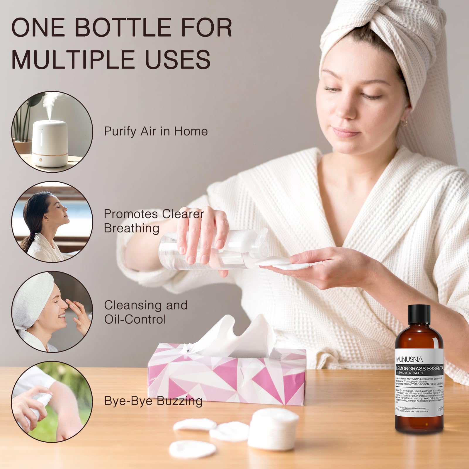 MUNUSNA Lemongrass Oil for skin care blends with carrier oils.