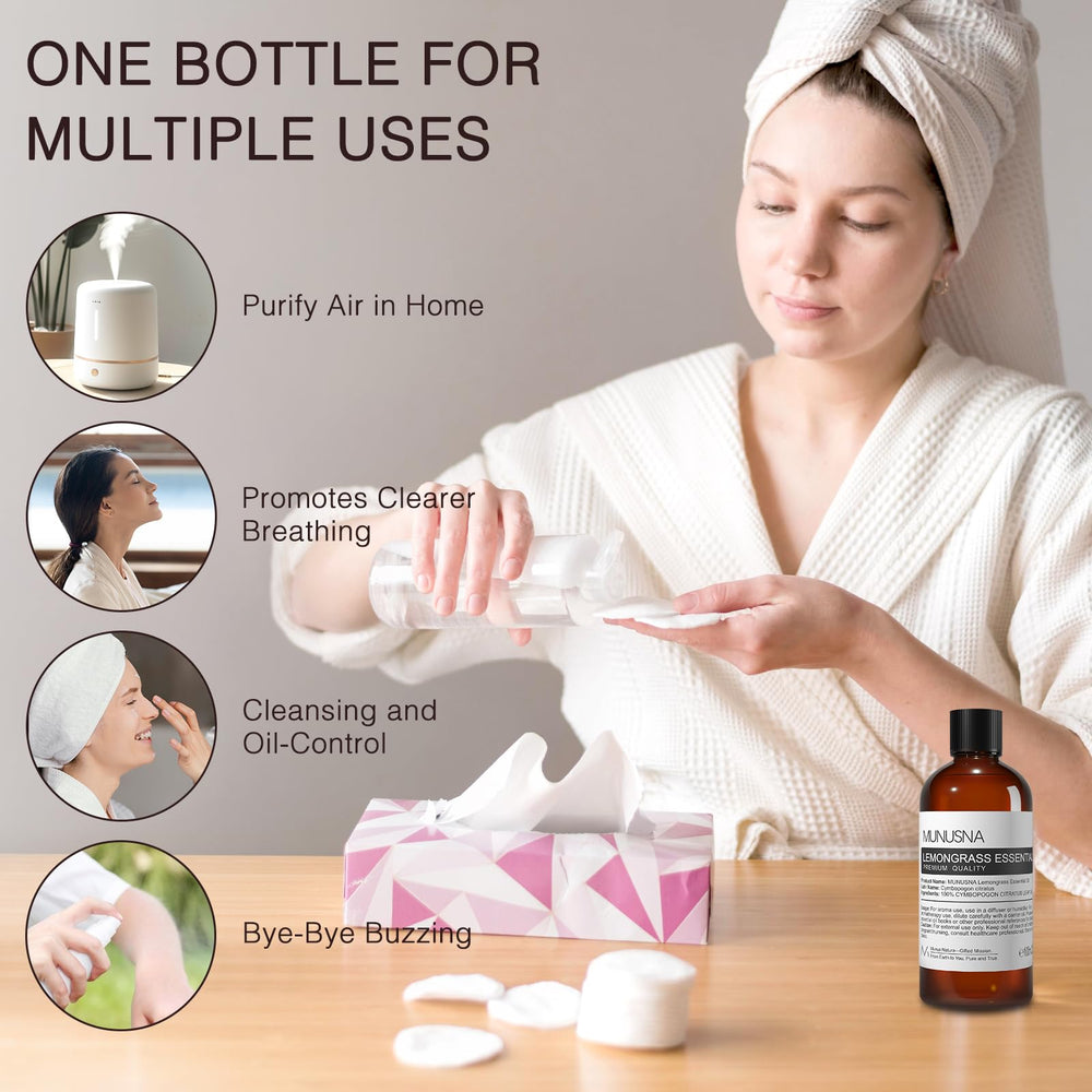 MUNUSNA Lemongrass Oil for skin care blends with carrier oils.