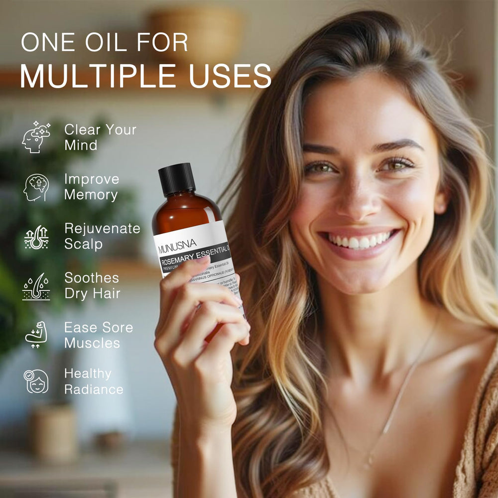 MUNUSNA Rosemary Essential Oil bottle used in a scalp massage for refreshed hair.