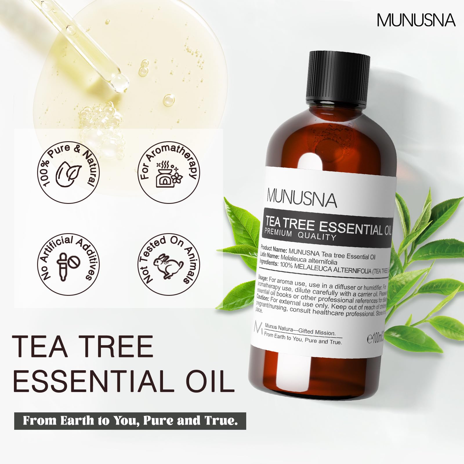 MUNUSNA Tea Tree Oil bottle pour shows easy dosage for DIY blends.