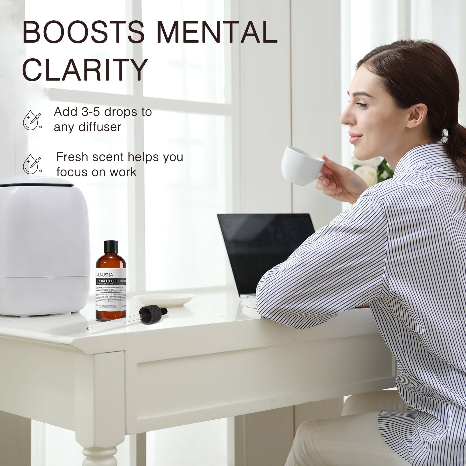 MUNUSNA Tea Tree Oil diffuser scene suggests refreshing spaces.