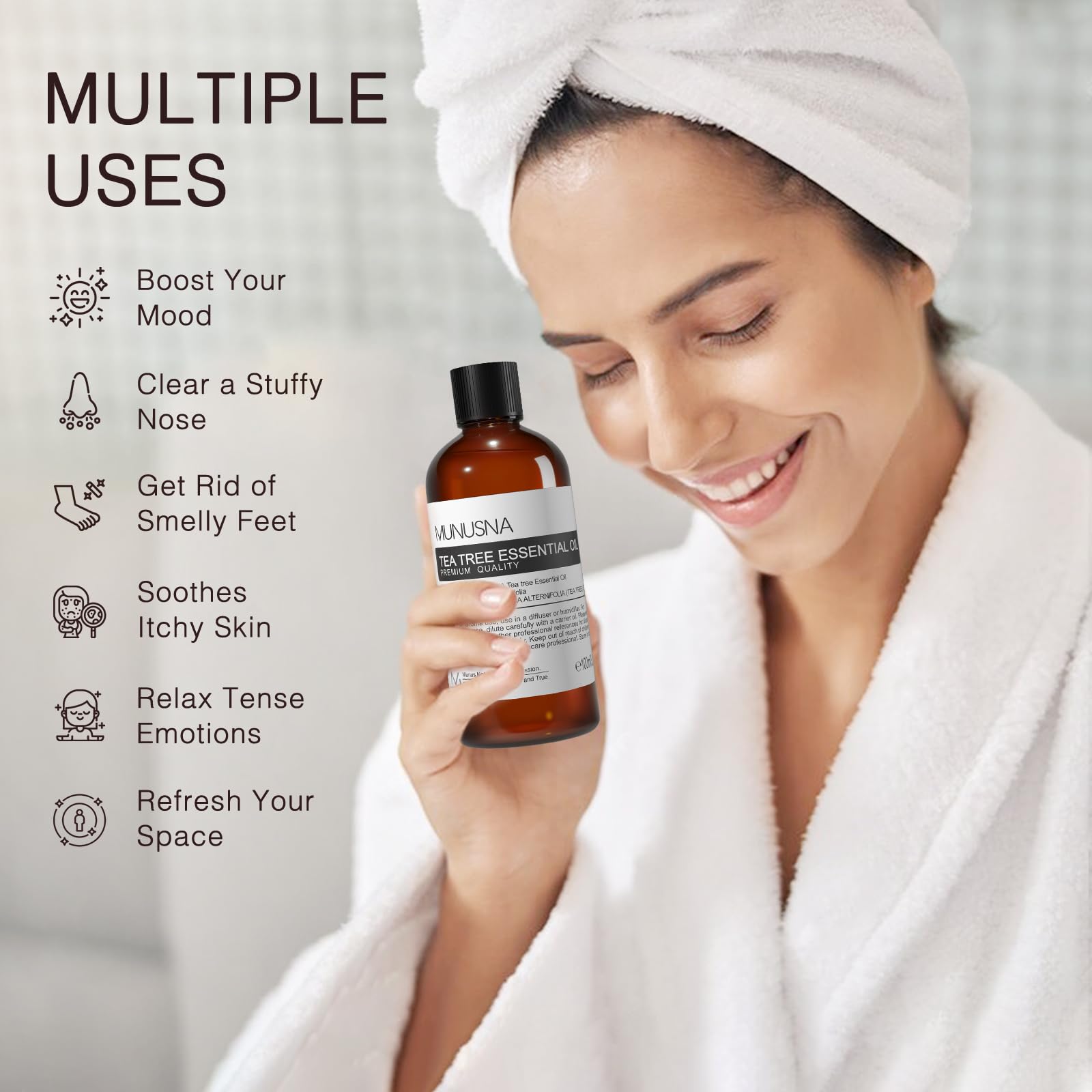 MUNUSNA Tea Tree Oil label design highlights pure ingredients and no additives.
