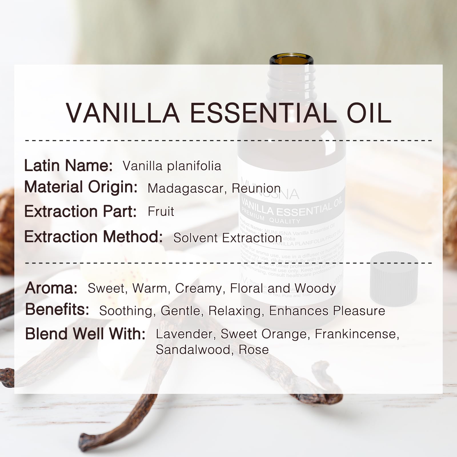 MUNUSNA Vanilla Essential Oil for skin care blends with carrier oils.
