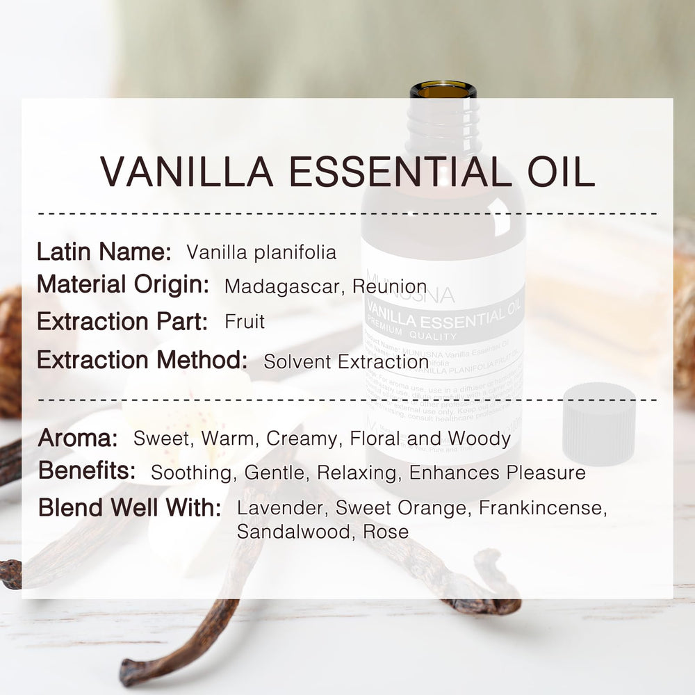MUNUSNA Vanilla Essential Oil for skin care blends with carrier oils.