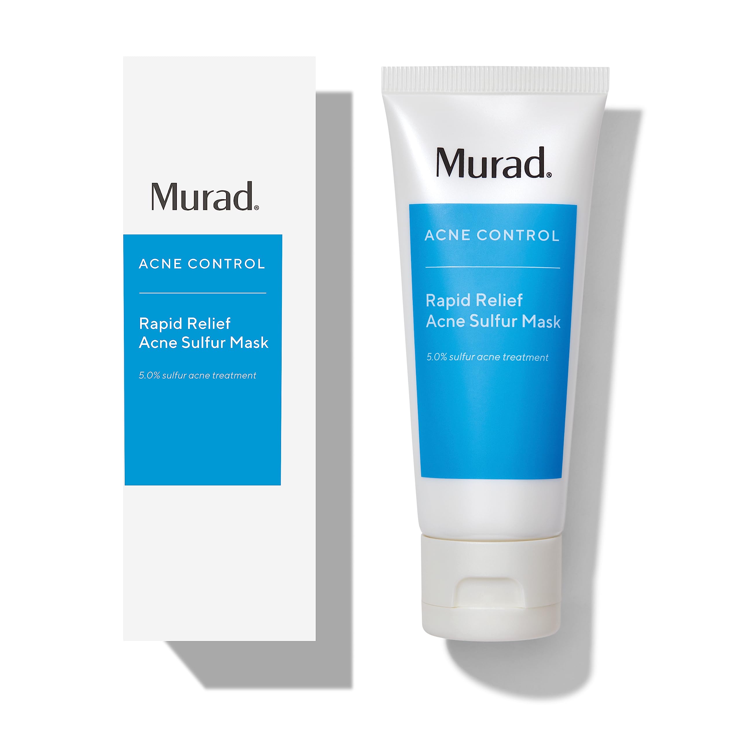 Murad Rapid Relief Acne Sulfur Mask jar on a bathroom counter for quick, targeted acne care.