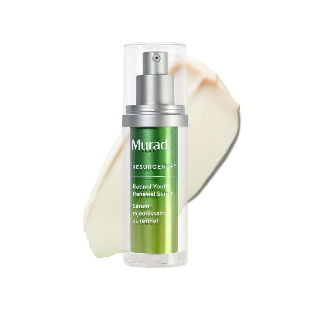 Murad Retinol Youth Renewal Serum bottle pour, highlighting nightly use benefits