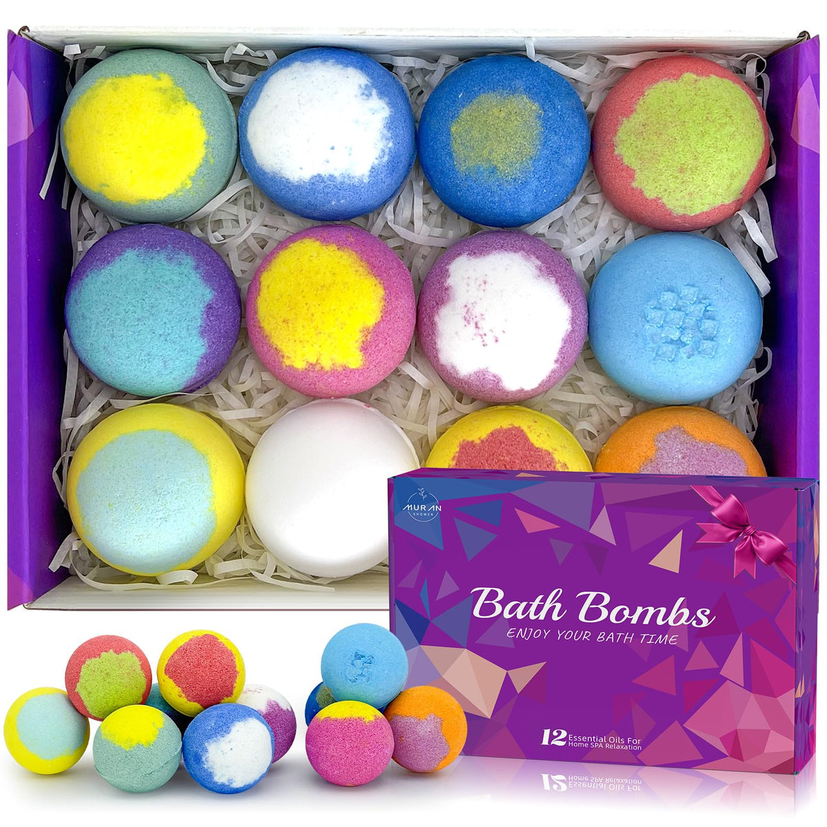 MURAN SHOWER 12-piece bath bombs set with assorted fragrances for spa-like relaxation