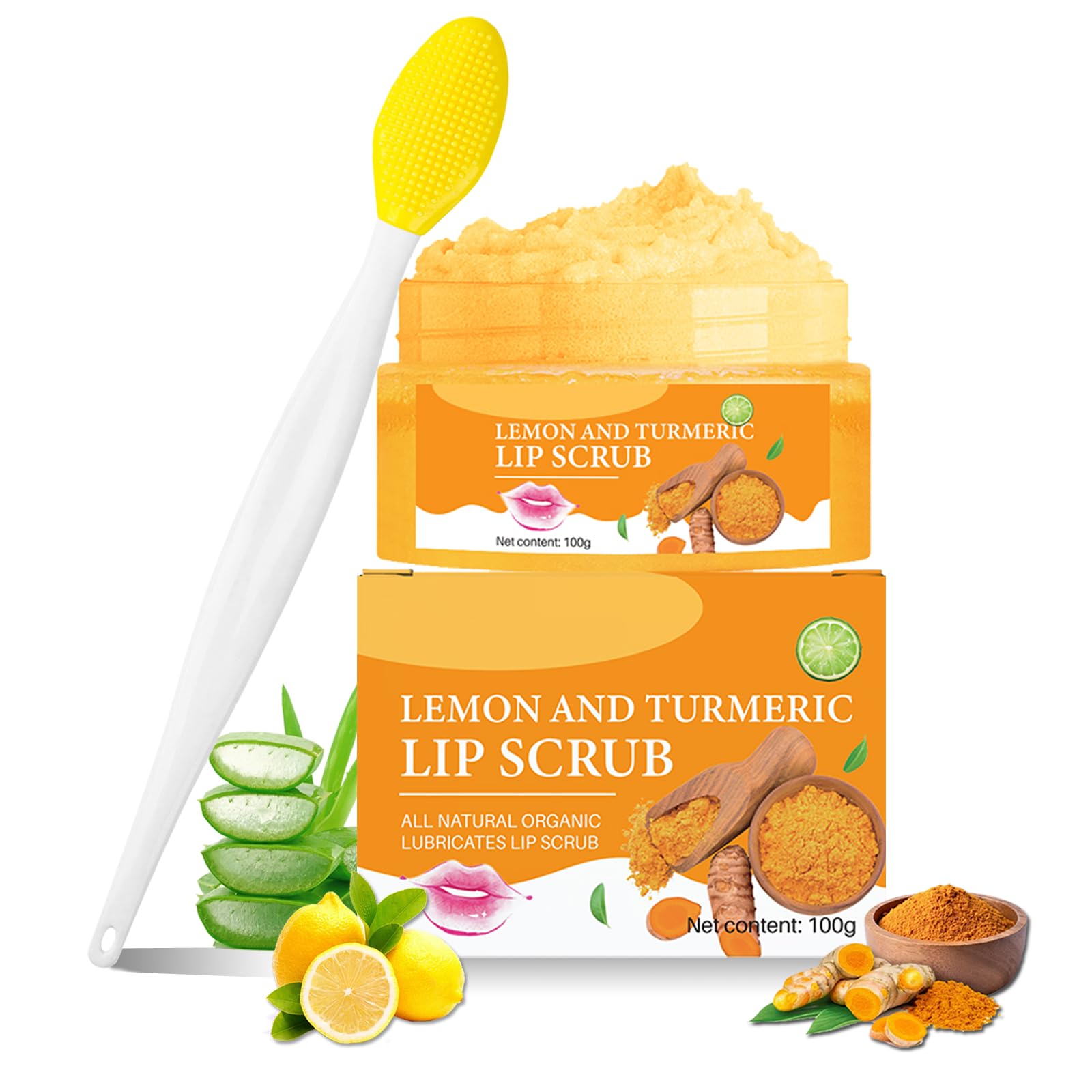 MUREND turmeric lemon lip scrub with brush for exfoliation and hydration.