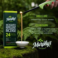 Murphy's Naturals incense stick on patio deck delivers 2.5+ hours of protection.