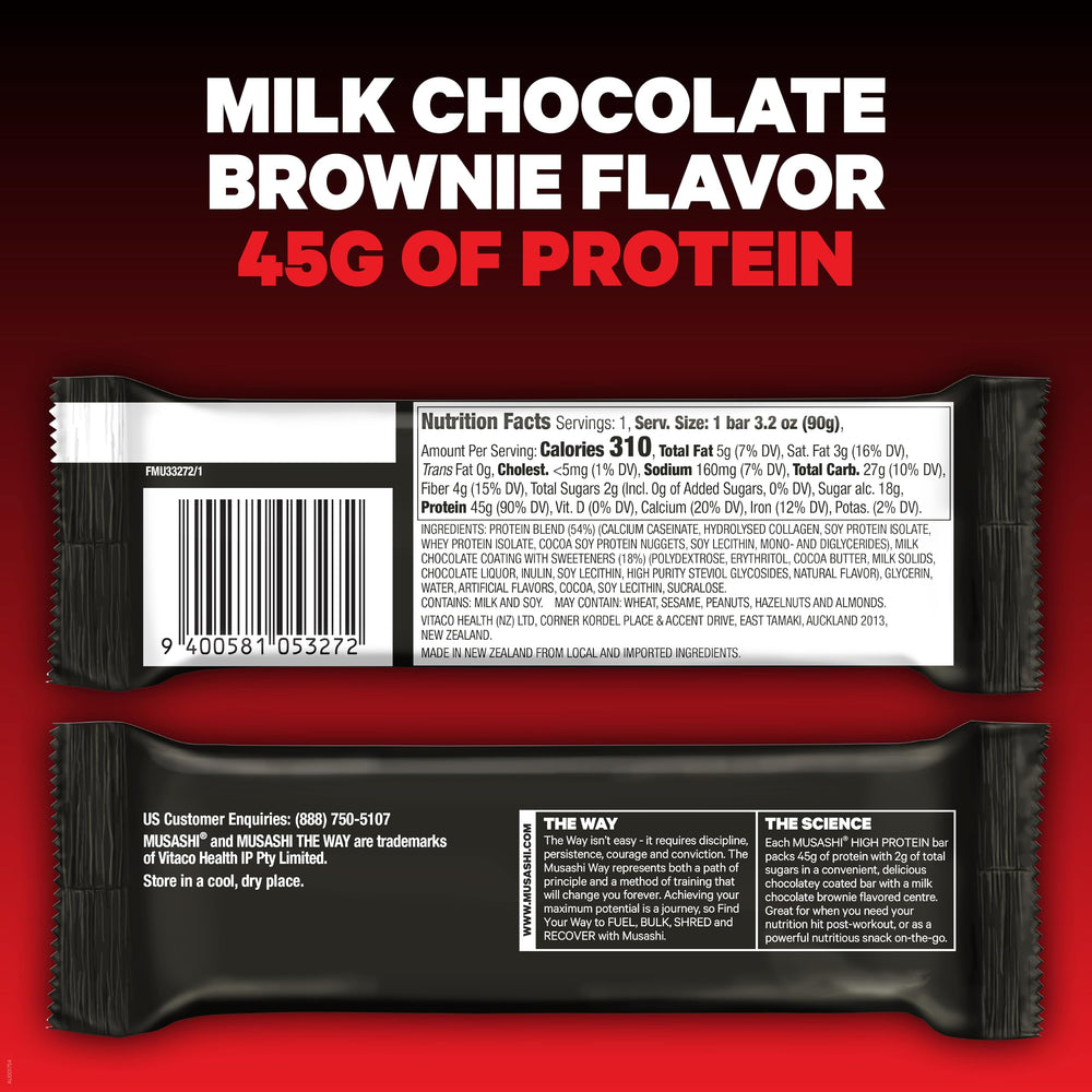 Cross-section view of Musashi bar revealing dense protein and chocolate brownie texture