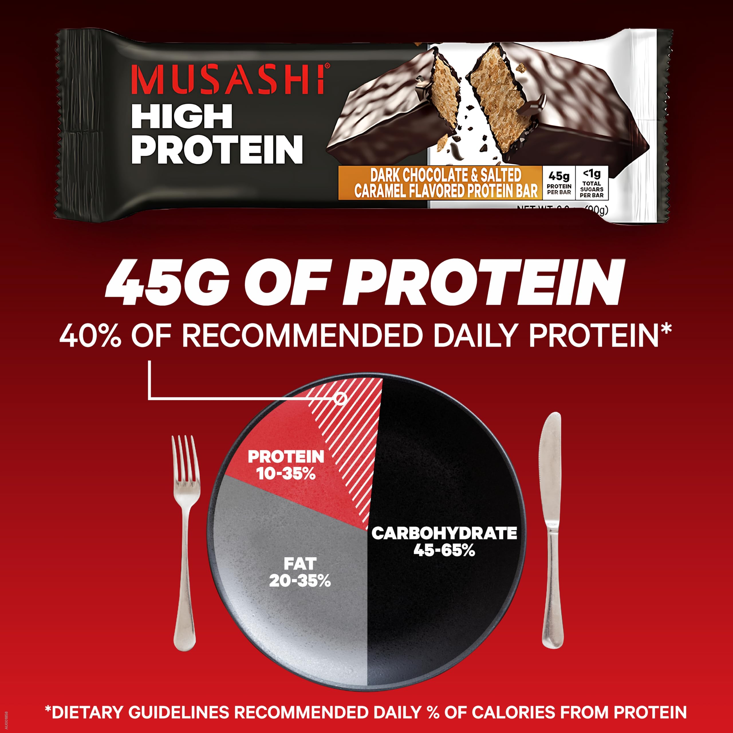 Musashi High Protein Bar dark chocolate salted caramel close-up emphasizes flavor and texture.