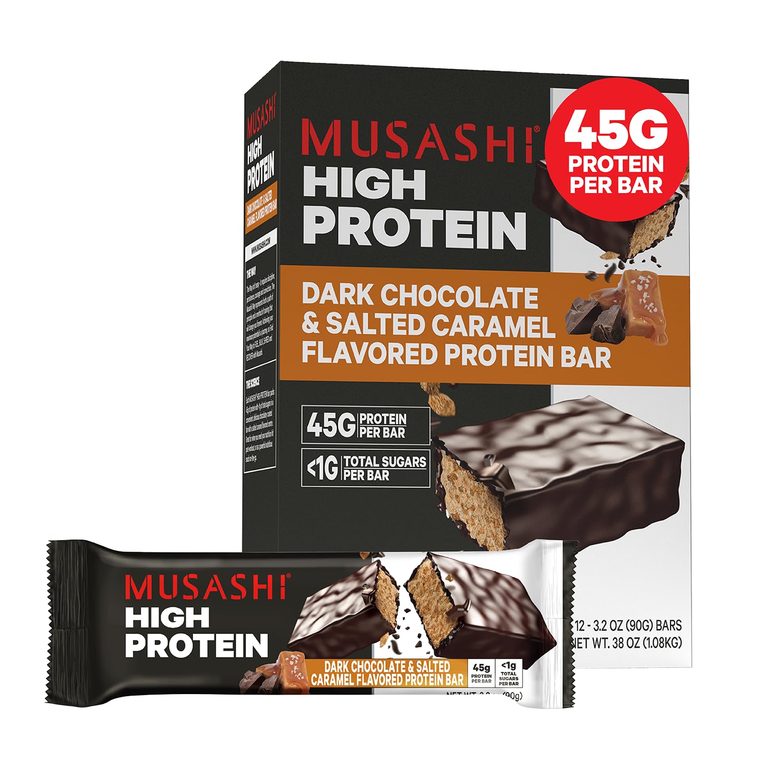 Musashi High Protein Bar front pack shows 45g protein per bar for active athletes.