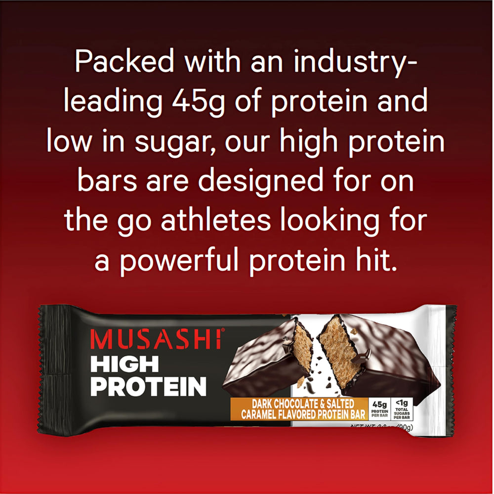 Musashi High Protein Bar nutrition panel highlights low sugar and high protein.