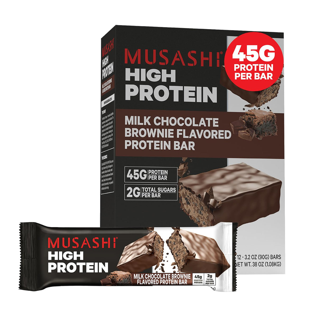 Musashi High Protein Bar packaging front showing bold branding for post-workout fuel