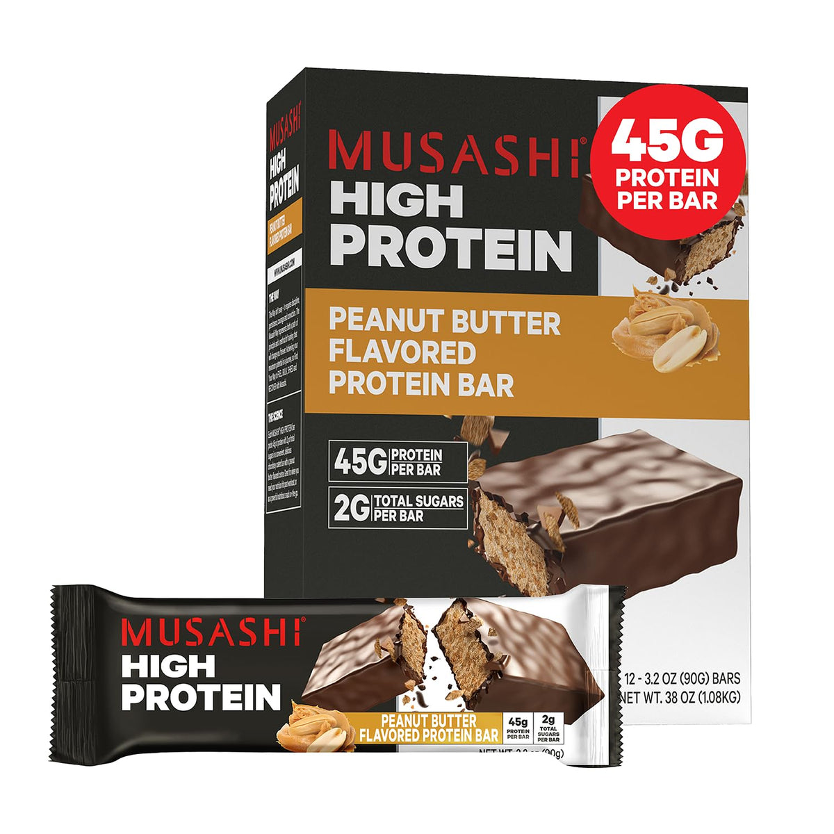 Musashi high-protein bar with peanut butter and chocolate coating for post-workout energy