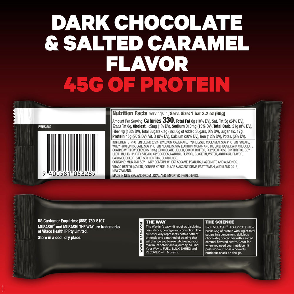 Musashi High Protein Bar unwrapped reveals indulgent texture for on-the-go snacking.