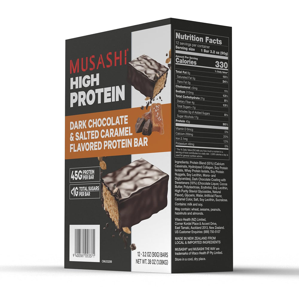 Musashi High Protein Bar whey protein isolate emphasis for lean muscle support.