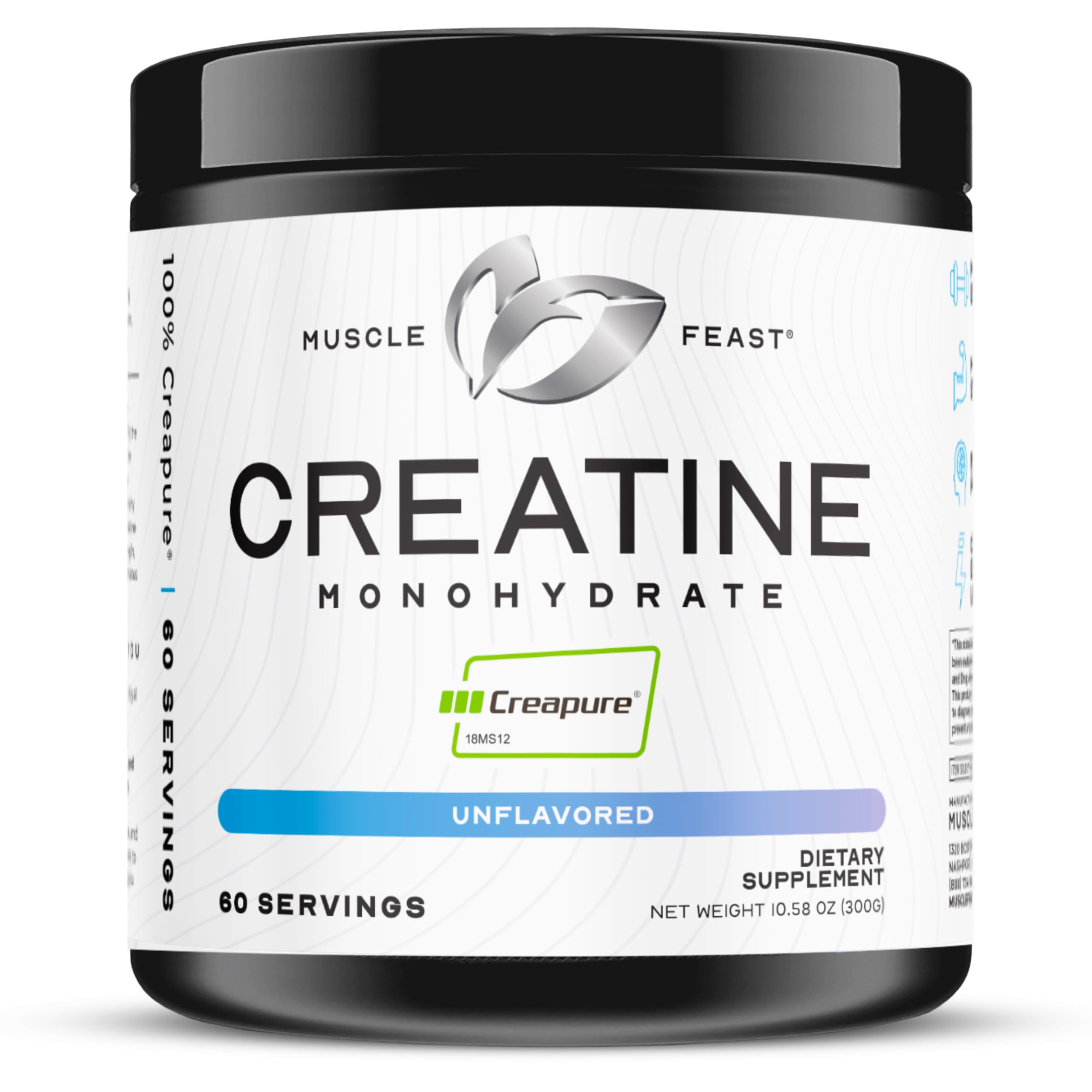 Muscle Feast Creapure creatine bottle shows vegan, gluten-free formula for clean supplementation