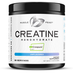Muscle Feast Creapure creatine bottle shows vegan, gluten-free formula for clean supplementation