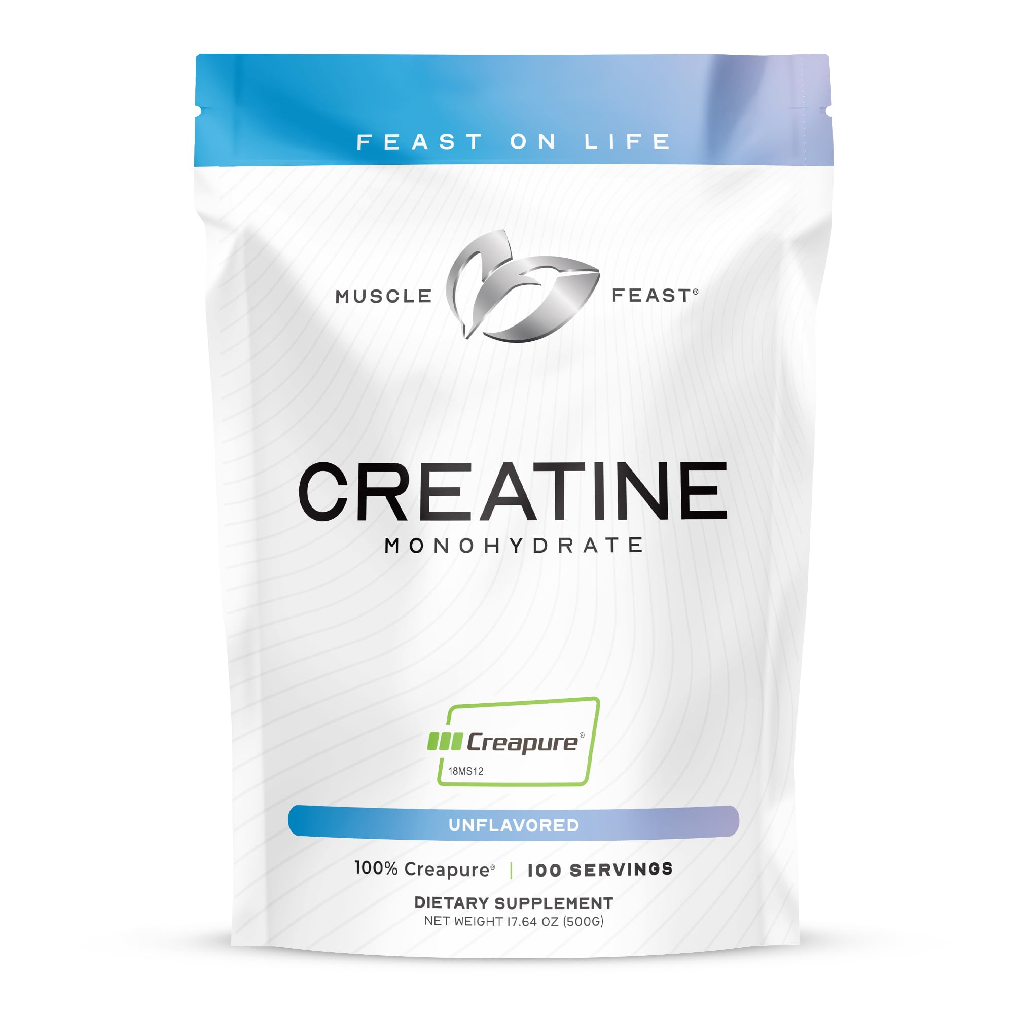 Muscle Feast Creapure creatine powder bottle front showing purity for workouts