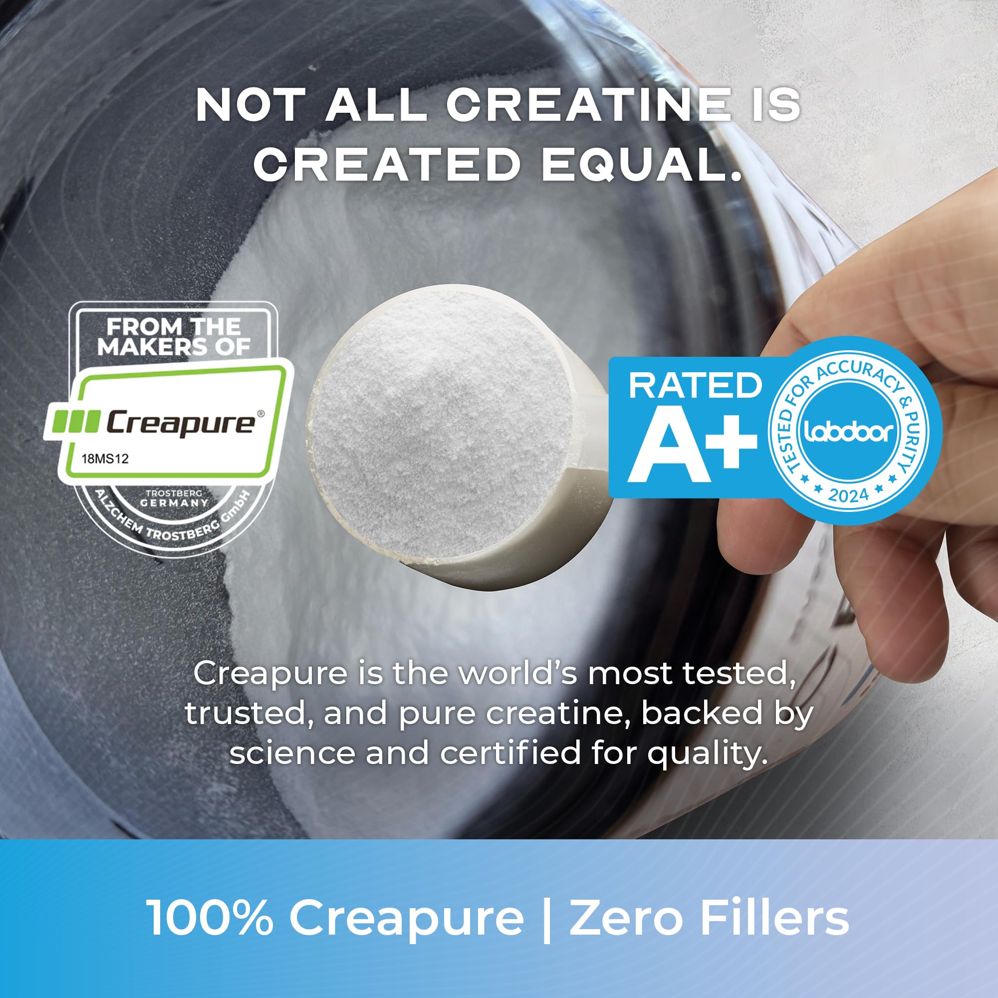 Muscle Feast Creapure creatine powder scoop highlights precise 5 g servings
