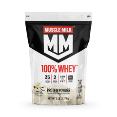 Muscle Milk 100% Whey Vanilla powder bag shows protein-packed nutrition for workout recovery.