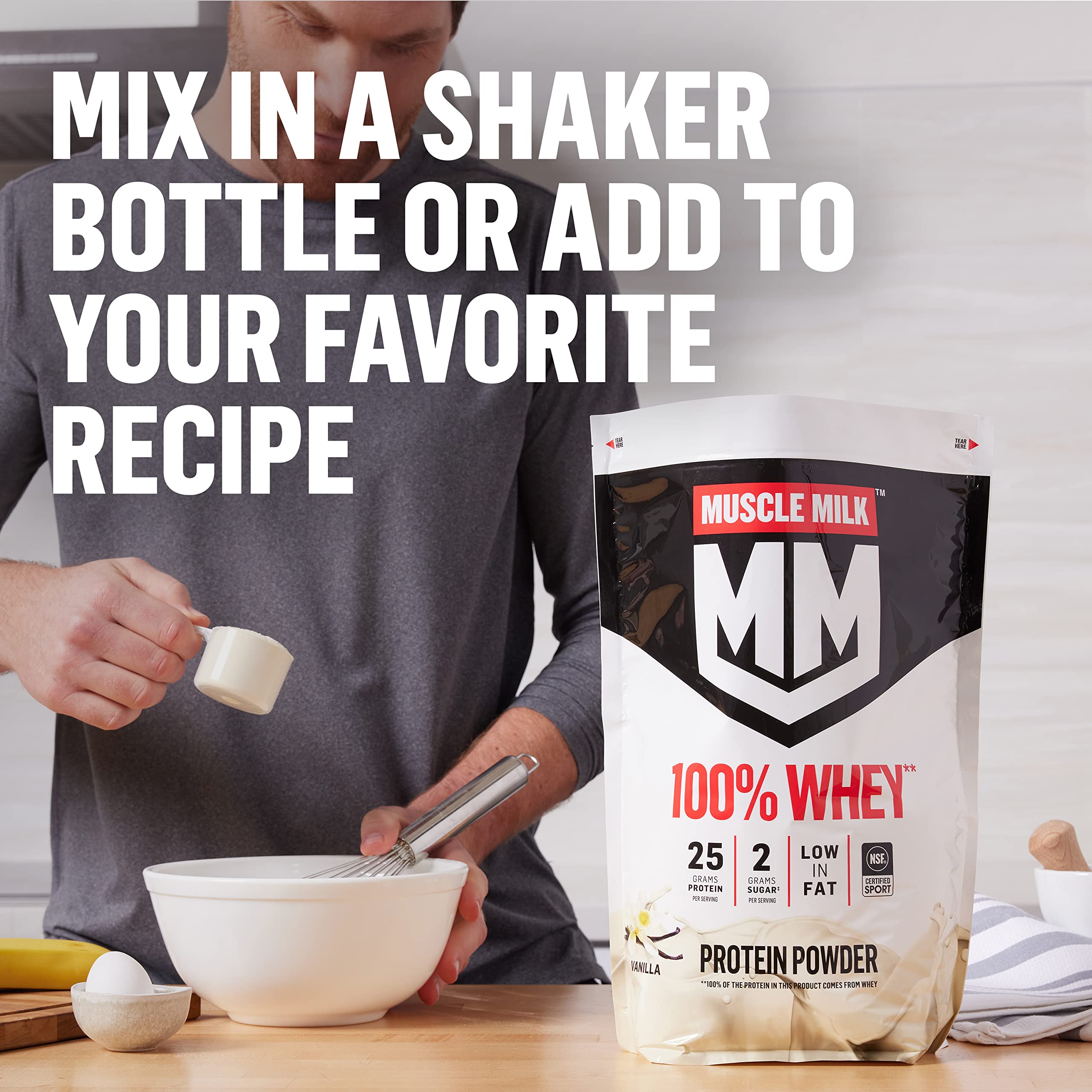 Muscle Milk 100% Whey Vanilla tub supports hunger management between meals.