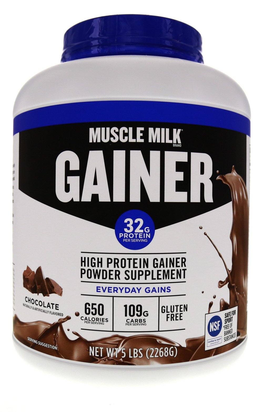 Muscle Milk Gainer chocolate canister front label signaling quality protein support.