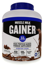 Muscle Milk Gainer chocolate canister front label signaling quality protein support.
