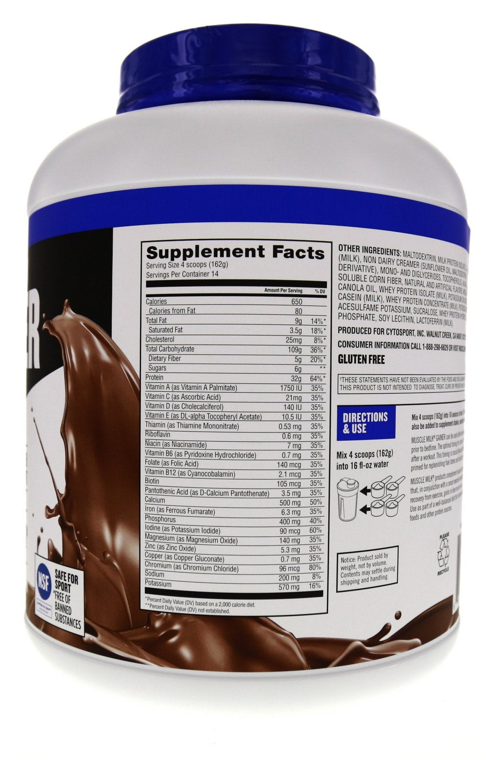 Muscle Milk Gainer nutrition label close-up highlighting calories and protein.