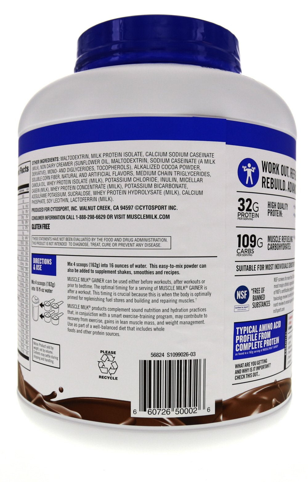 Muscle Milk Gainer poured into water for a shake.