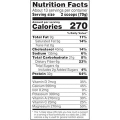 Nutrition facts panel highlights 32g protein per serving and low sugar.