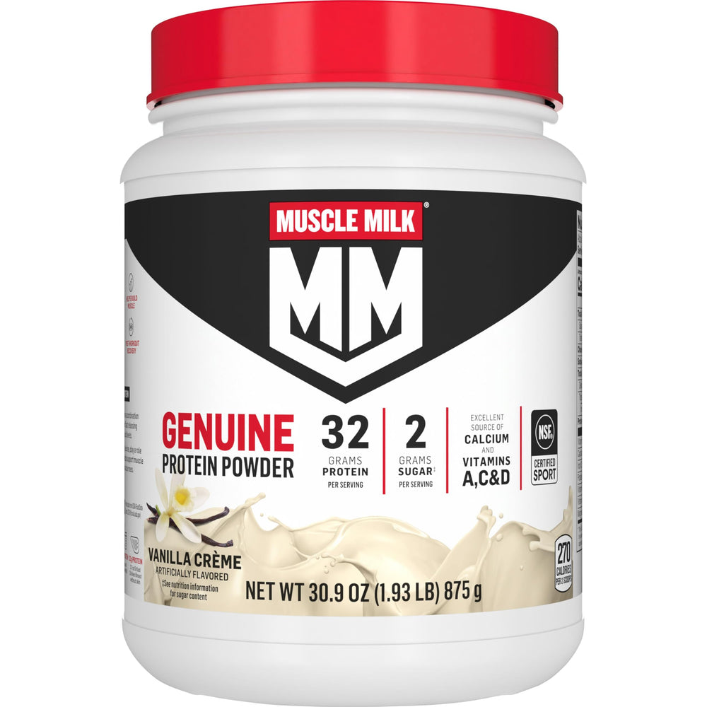 Muscle Milk Genuine protein powder canister in vanilla creme flavor for post-workout fueling