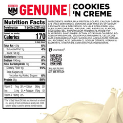 Muscle Milk Genuine Protein Shake Cookies N Creme held in hand for on-the-go fueling.