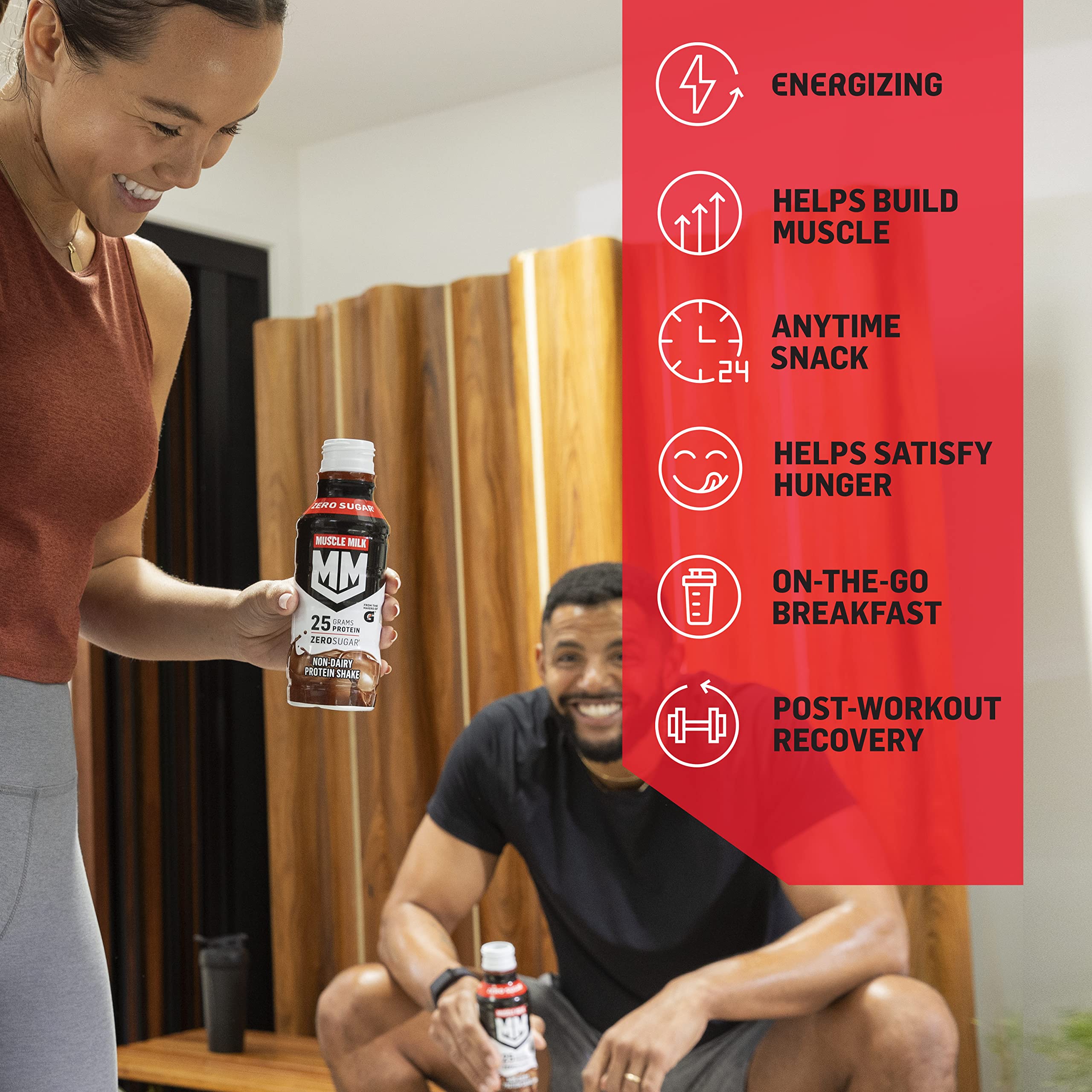 Muscle Milk Genuine shake on ice with spoon showing smooth taste