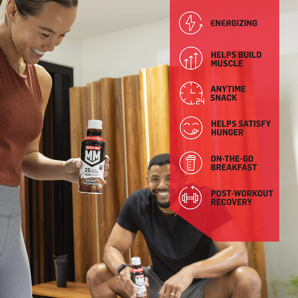 Muscle Milk Genuine shake on ice with spoon showing smooth taste